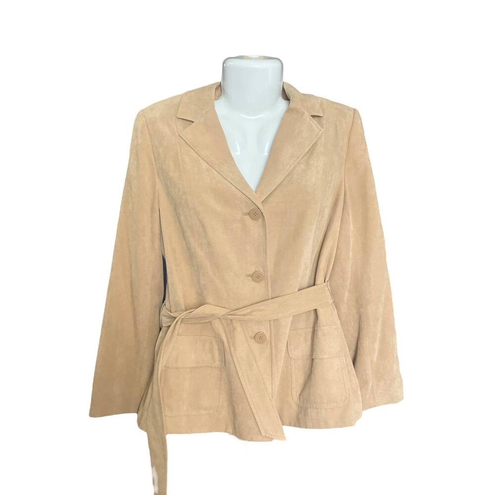 Judith Hart Petites Women's Tan Faux Suede Front Belted Lined Jacket | Size 14P